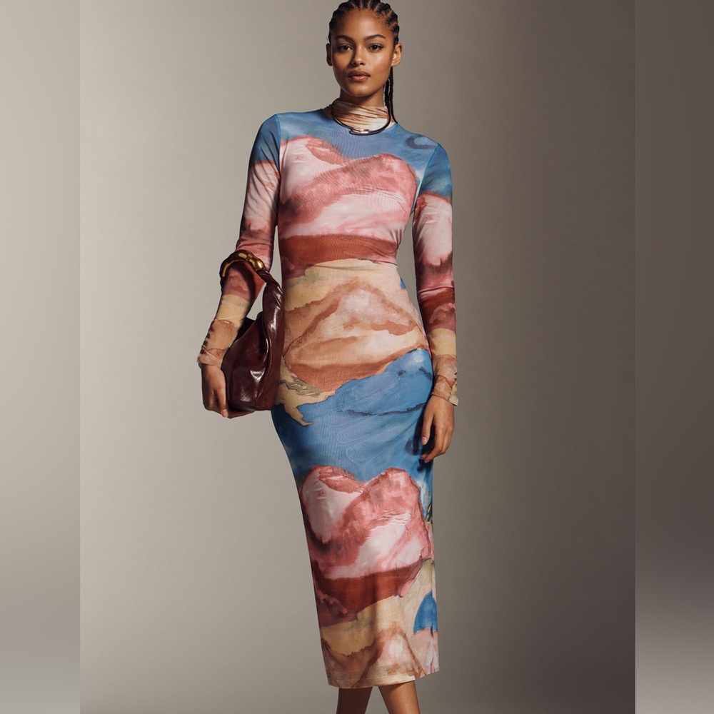 Anthropologie Blue and Pink Long Sleeve Dress